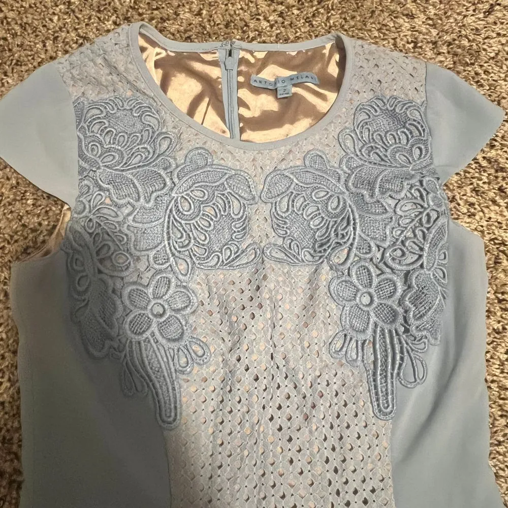 Antonio Melani Light Blue Eyelet Lace Cap Sleeve Asymmetric‎ Cocktail Dress Sz 2 - Image 6