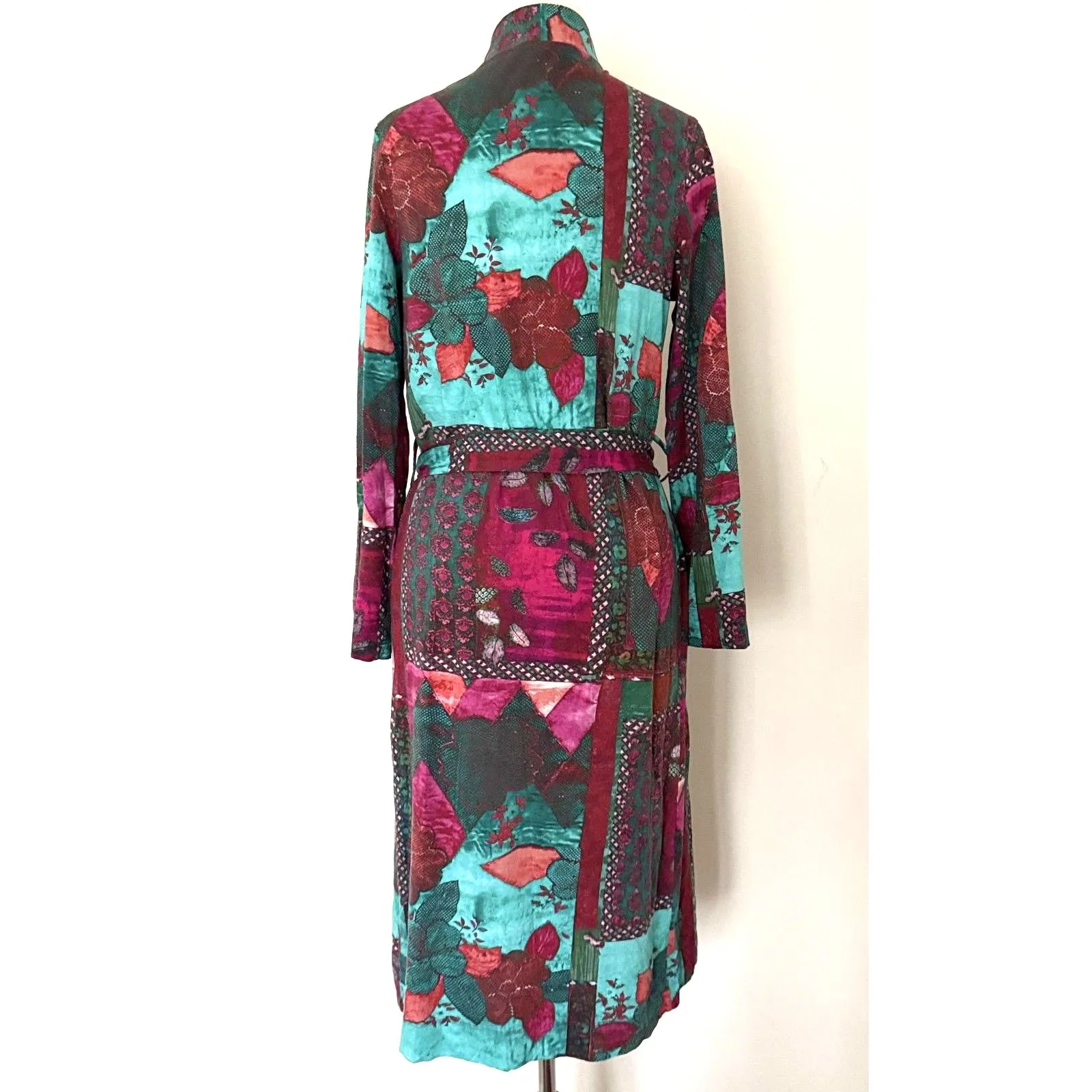 Peruvian Connection Plum Blossom Turquoise Patchwork Artisan Boho Robe Sz S - Image 3