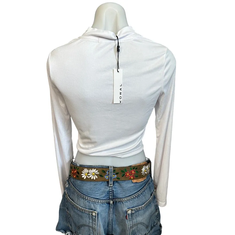 KORAL White Long Sleeve Crop Top MEDIUM Ribbed Mock Neck Logo Marlow $85 NEW - Image 5