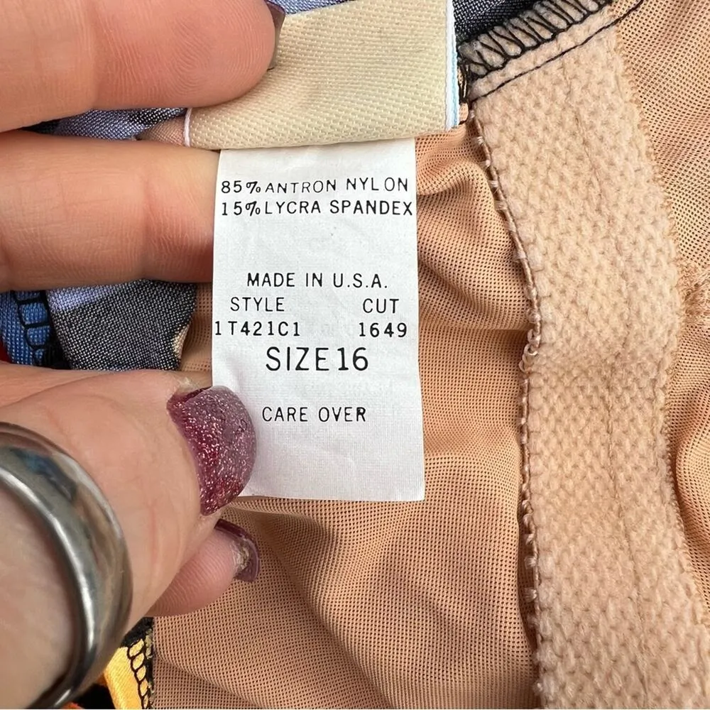 Vintage 80s 90s Neon Tropical One Piece Scoop Back Swimsuit Blue Size 16 - Image 7