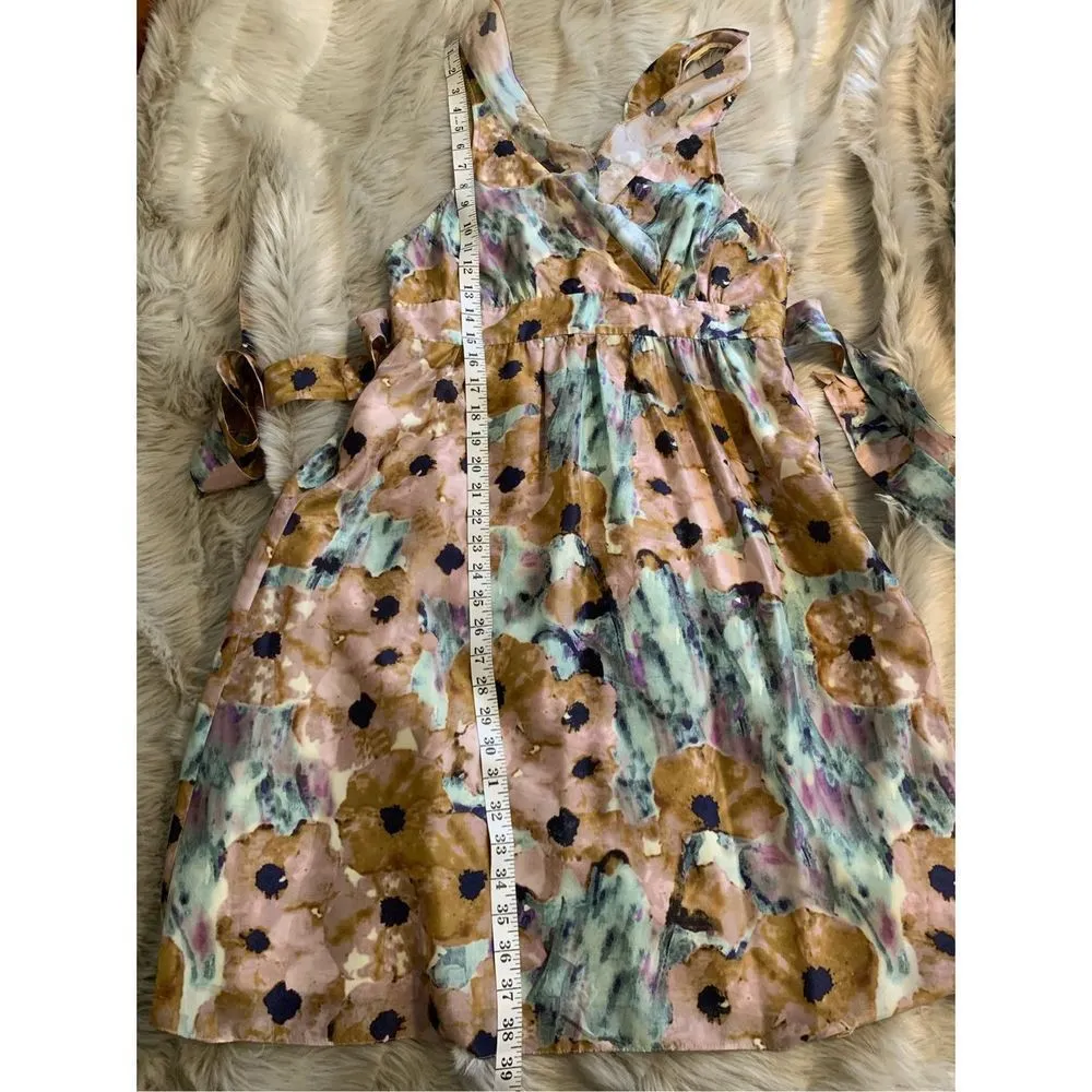 Galla Dress Silk Watercolor Wrapover Bodice Open Back Ruffled Tie Waist 8 - Image 14