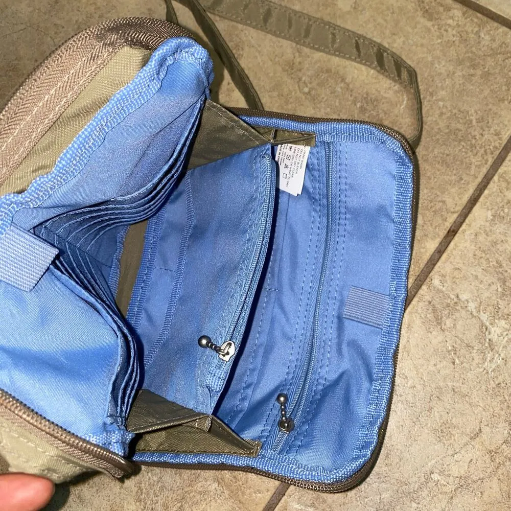 Baggallini Khaki Canvas Small Travel Crossbody Bag lots of zippered compartments - Image 8