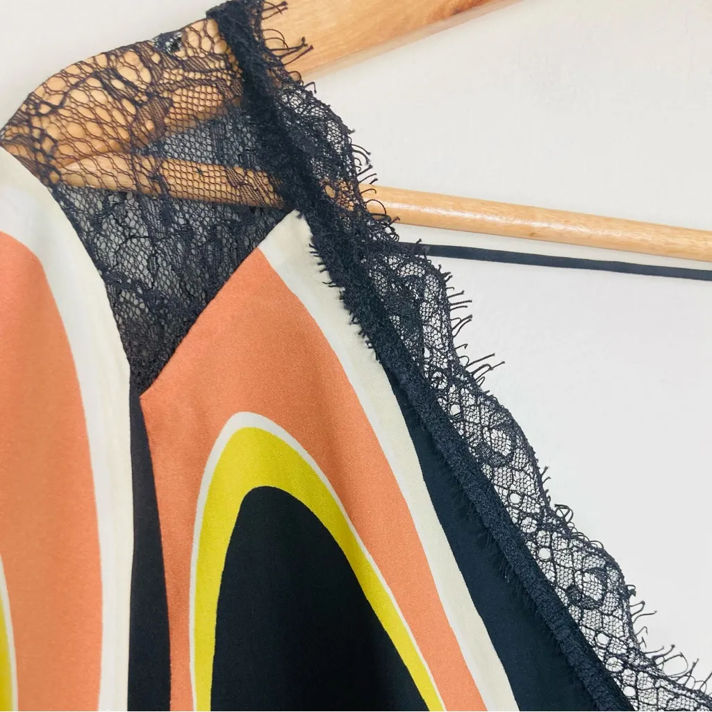 Skunkfunk mod print black orange yellow lace trim silk mini dress with v - Image 5