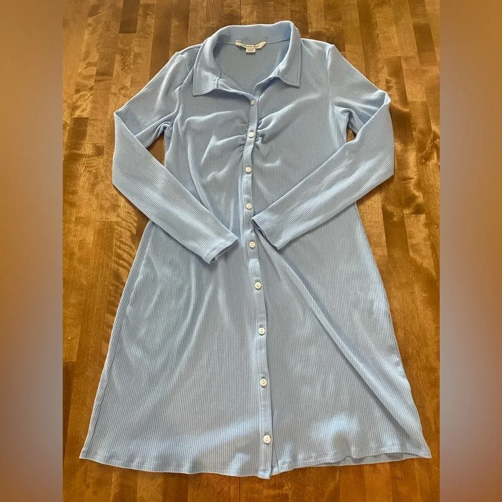 AMERICAN EAGLE Ribbed Knit Long Sleeve Midi Button‎ Up Dress Baby Blue XL - Image 3
