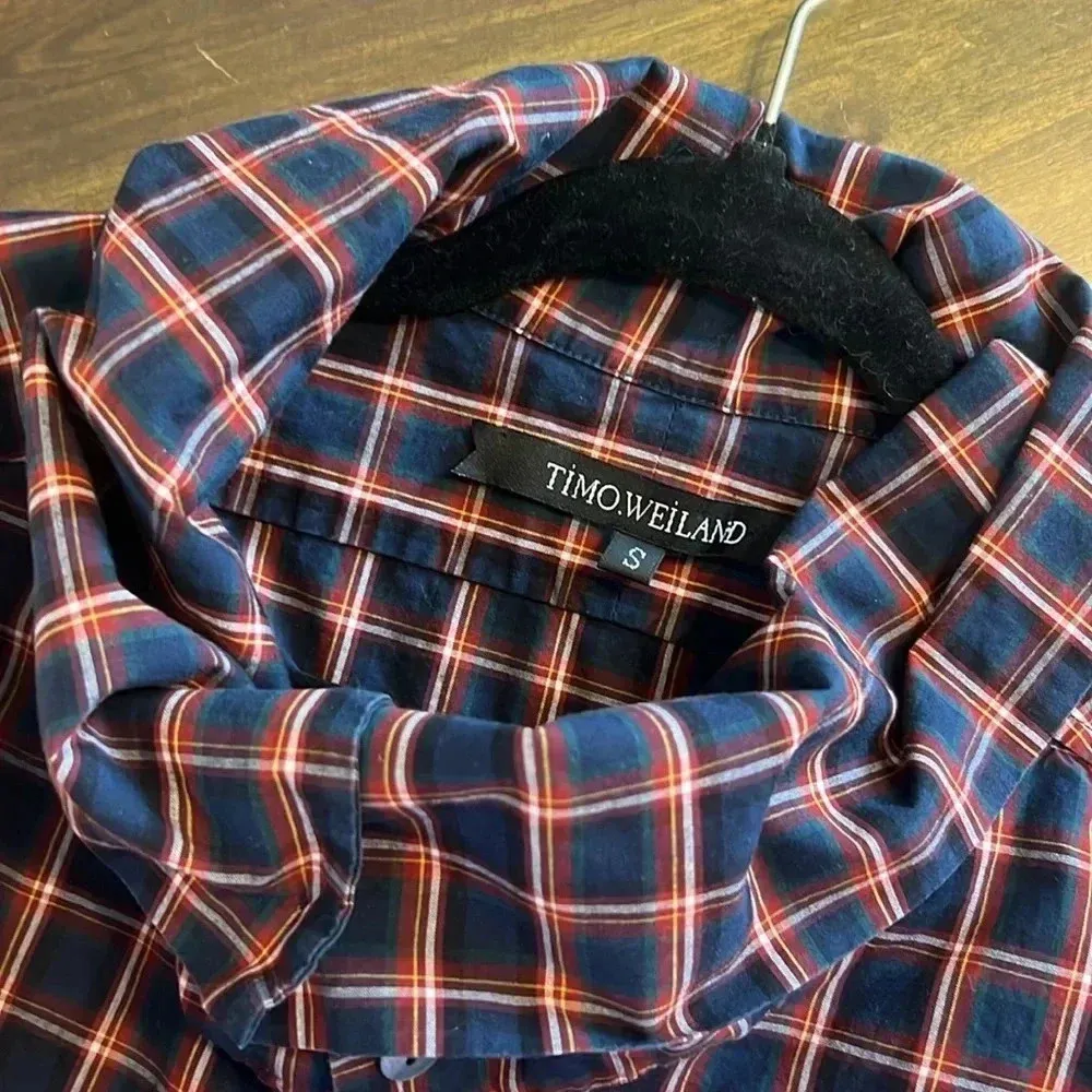 Timo Weiland Plaid Checkered Button Down Big Collar Career Work Layering Preppy Blue - Image 12