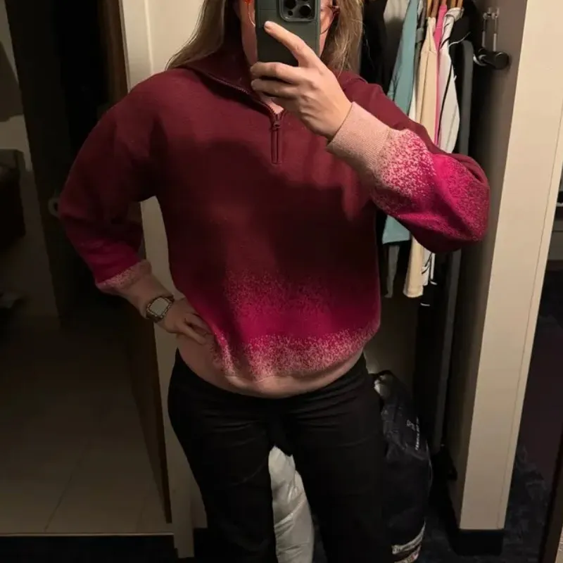 Terez Pink Ombre Oversized Sweater LARGE Fold Over Quarter Zip Soft Holiday $380 - Image 4