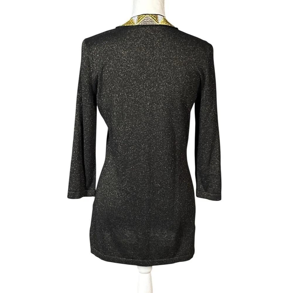 J McLaughlin Tunic Size Medium Sparkly Metallic Embroidered Black Gold Party - Image 2