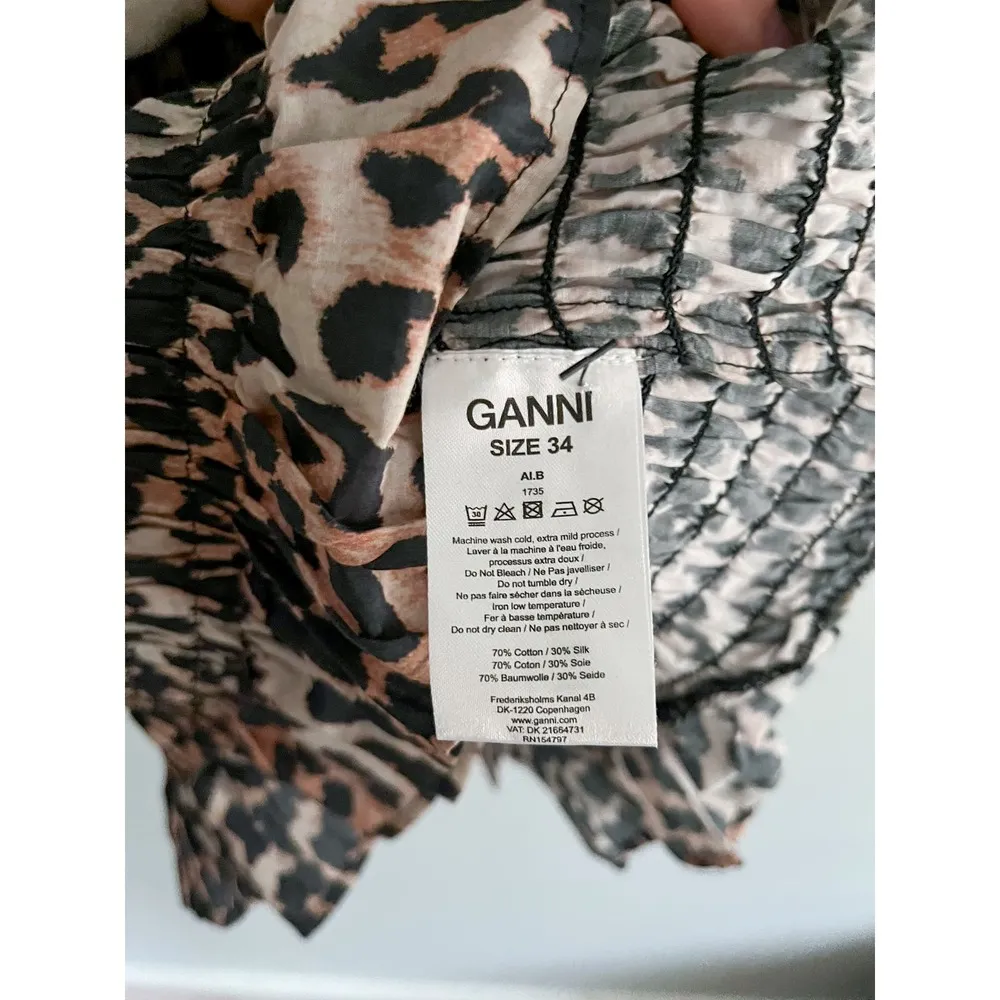 Ganni | Smocked Leopard Print Puff Sleeve Silk Blend Dress |  EU 34 / US 4 - Image 10