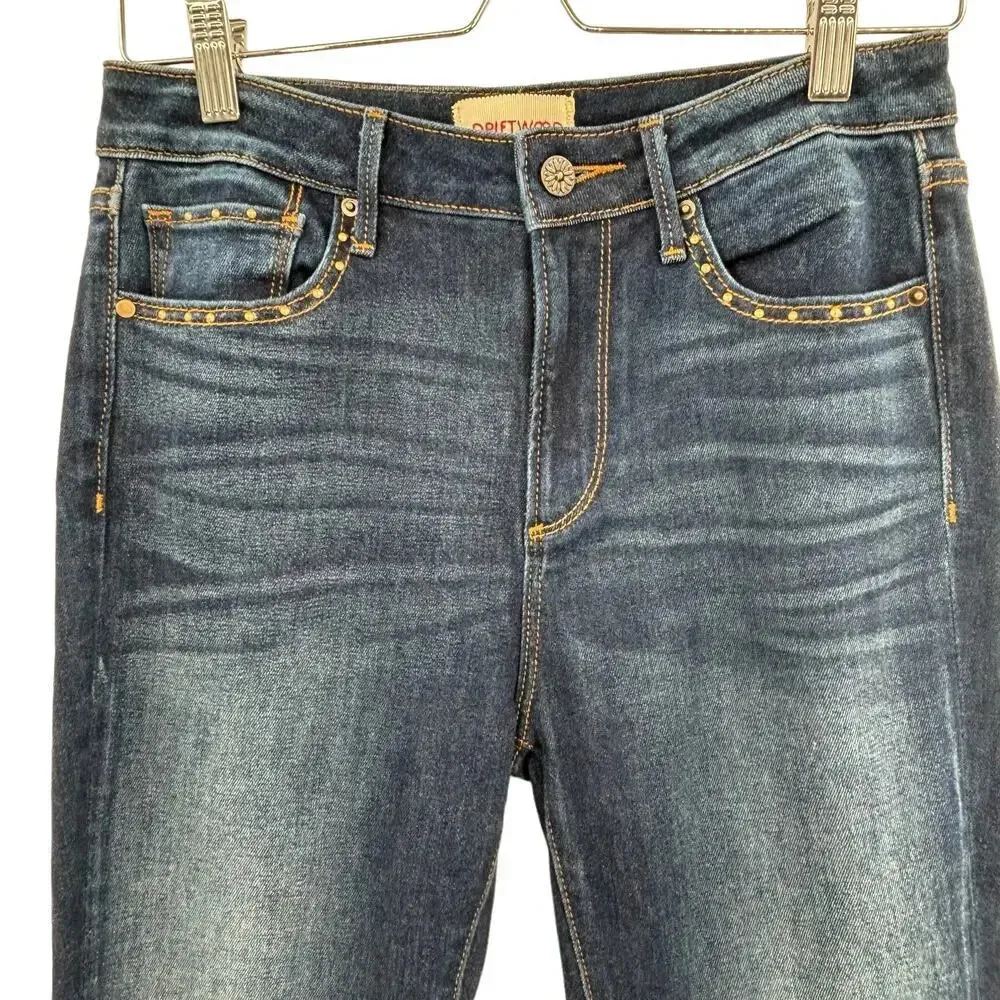 Driftwood Amelia Dark Blue Jeans Cropped Straight Studded Raw Hem‎ Jeans Size 27 - Image 4