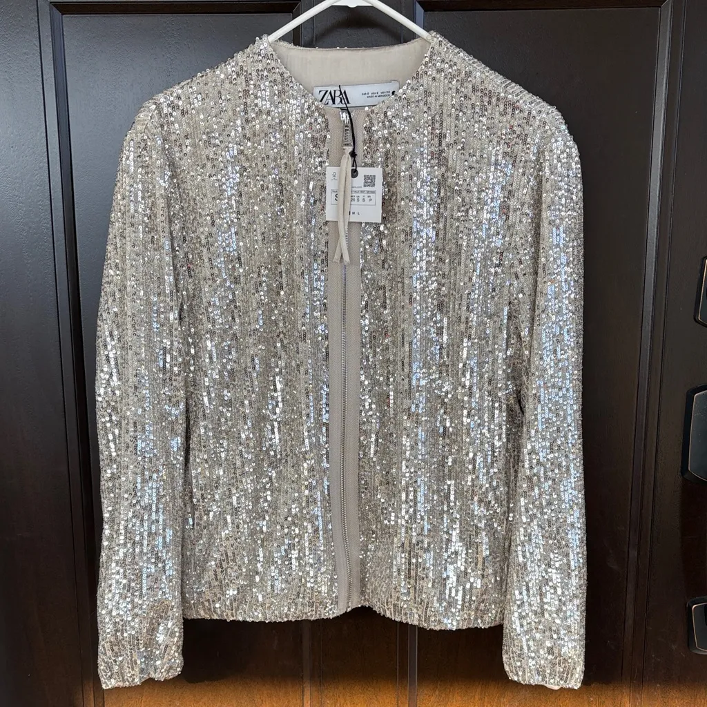 NWT Zara Sequin Bomber Jacket Silver Size Small - Image 5