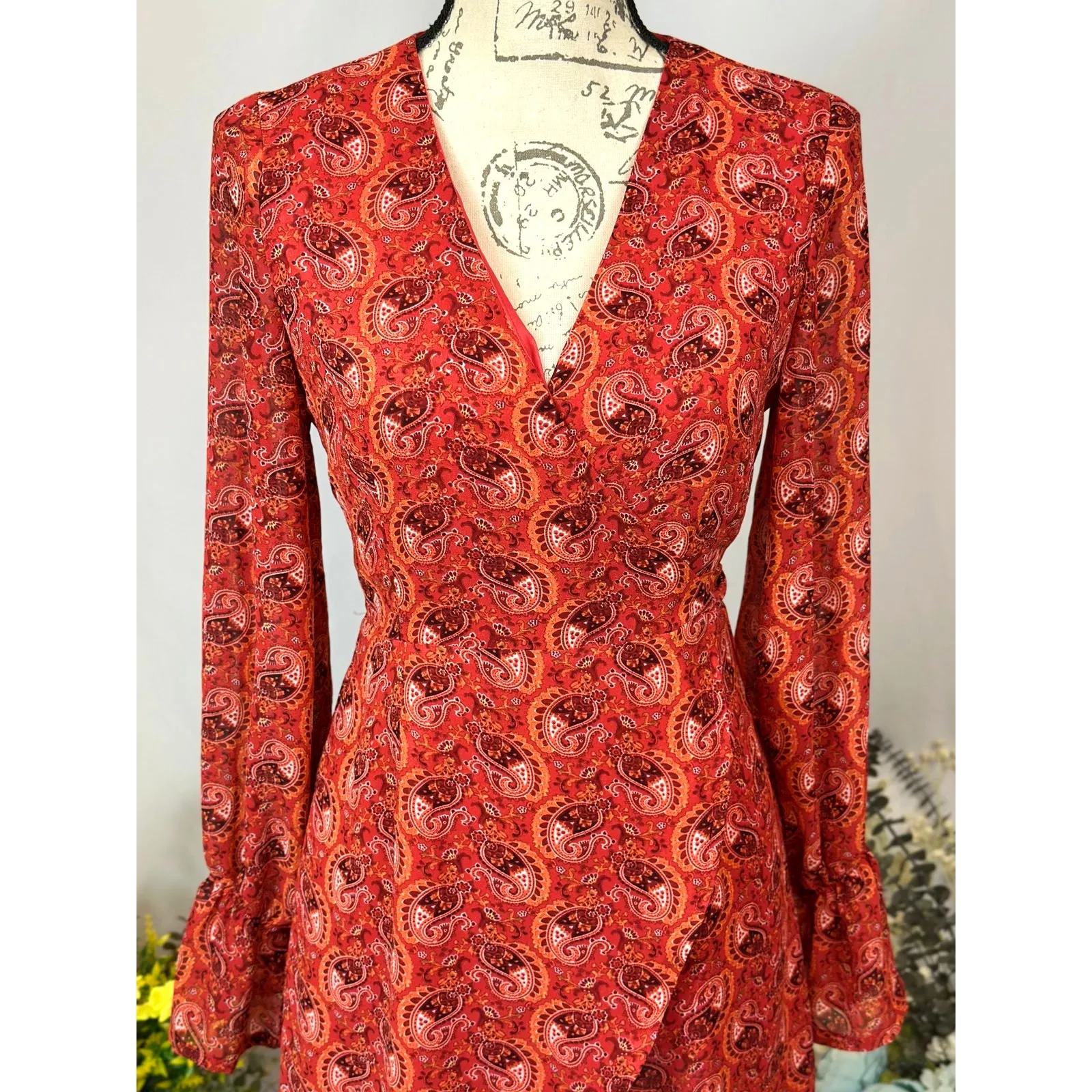 One Way Wrap Around Paisley Mini Dress Long Sleeves Red/Orange 12 - Image 5
