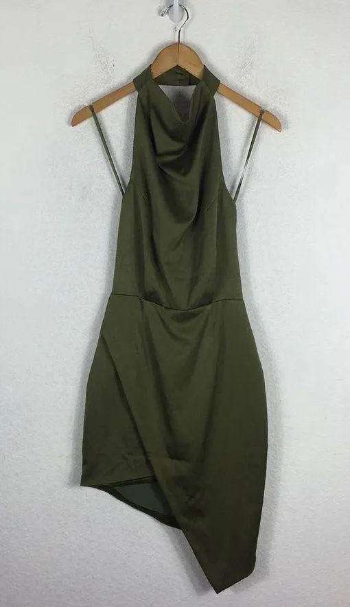 NWT Elliatt Camo Olive Green Satin Halter Asymmetric Cocktail Mini Dress XS - Image 3