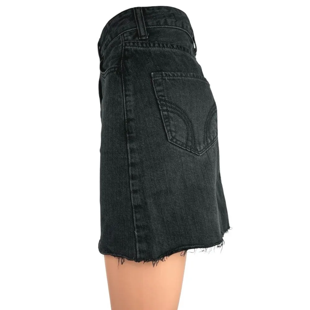 Hollister Black High Waisted Raw Hem Cut Off Pencil Mini Denim Jean Skirt Size 0 - Image 2
