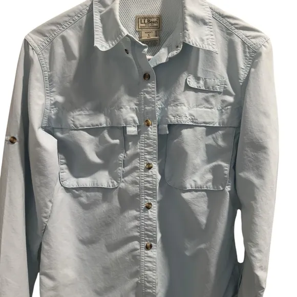 L.L. Bean‎ Light Blue Fishing Shirt Button Front Vented Roll Tab Sleeve Size S - Image 2