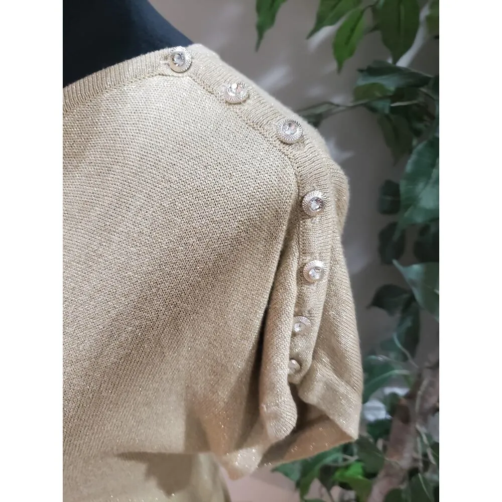 Joseph A. Blouse Top Women M Beige Metallic Floral Short Sleeve Shoulder Buttons Size M - Image 11