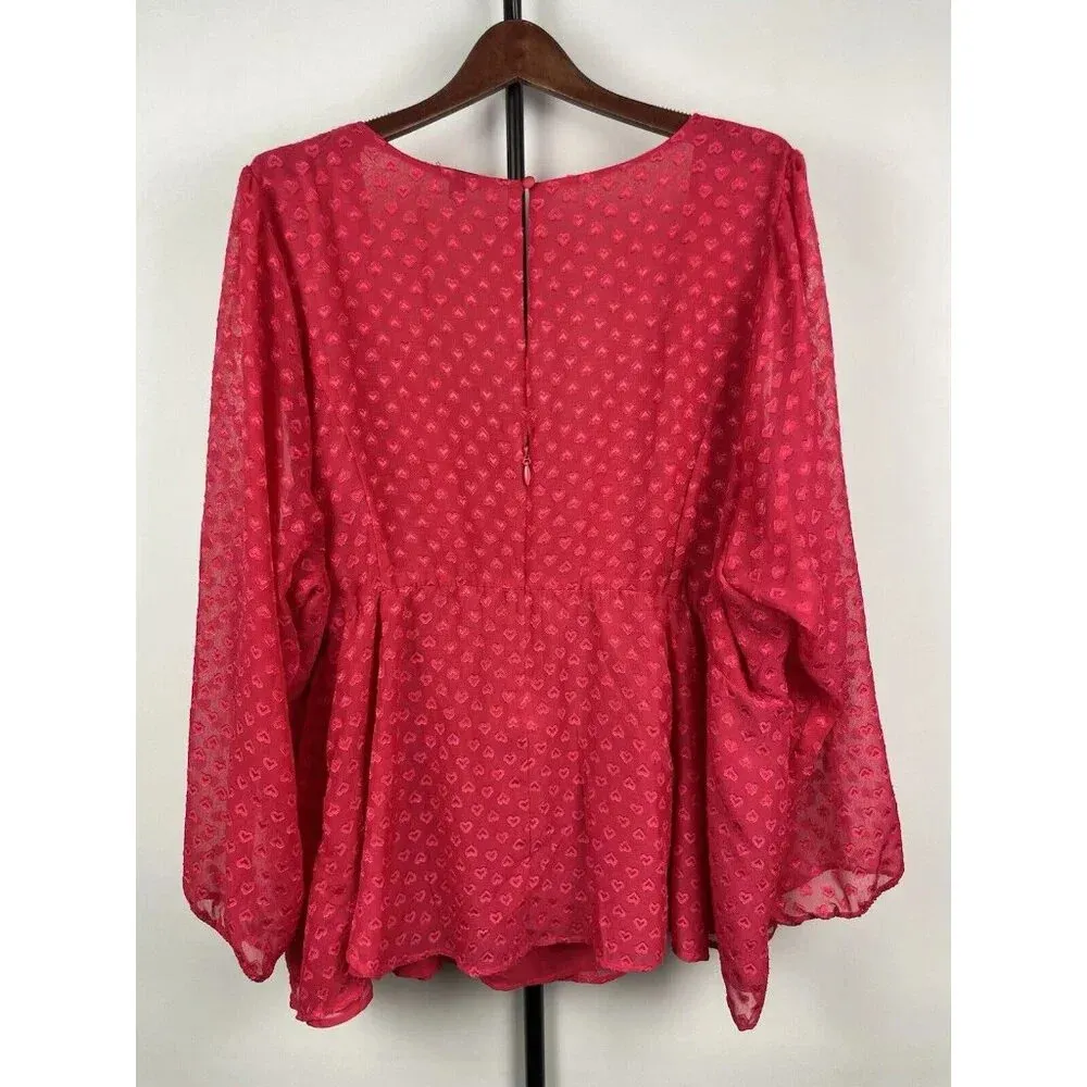 Torrid Pink Red Peplum Chiffon Long Balloon Sleeve Clip Heart Blouse Sz 5X‎ - Image 6