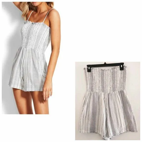 Seafolly Mona Striped Playsuit Strapless Smocked Romper Black White Large - Image 2
