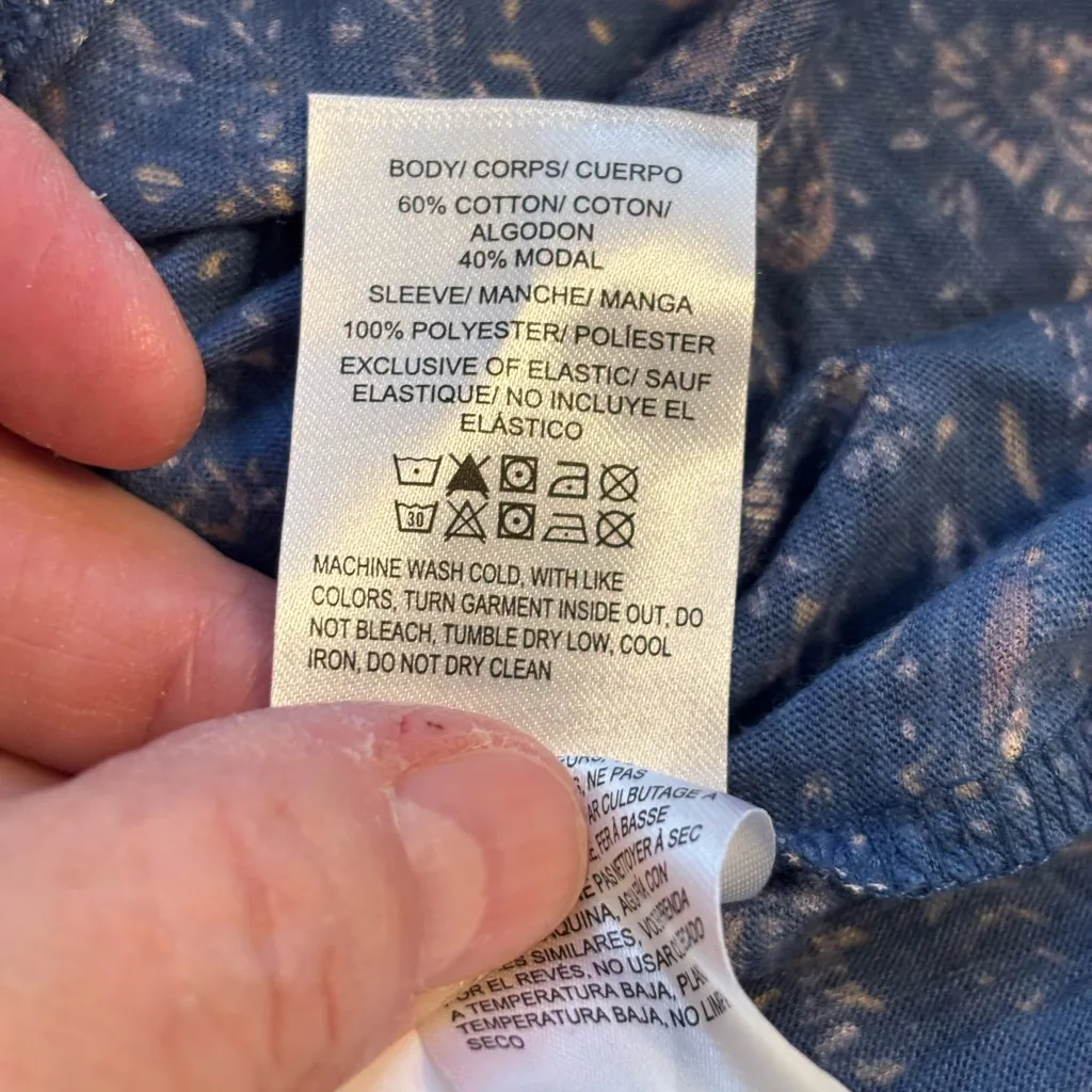 Lucky Brand Blue Paisley Boho Blouse XL Tie Neck Long Sleeve - Image 4