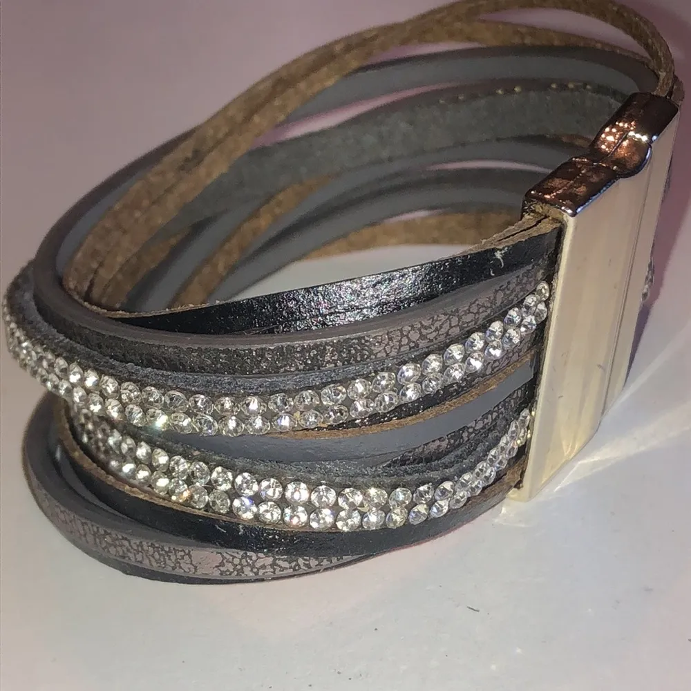 Gray Bronze Metallic CZ Rhinestone Multi Strand Boho Wrap Bracelet - Image 2