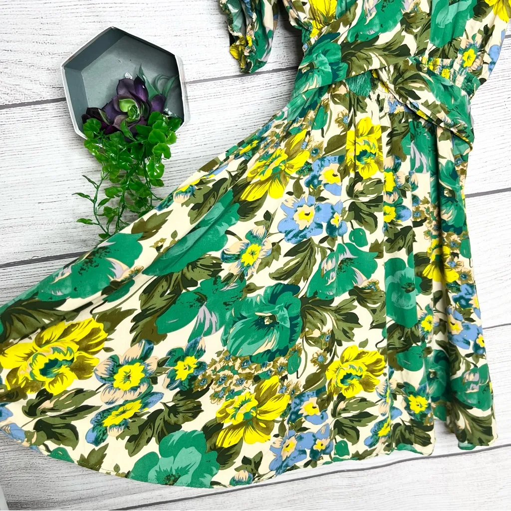 Anthropologie Abel the Label Floral Green & Yellow Tie Front Dress Size Medium - Image 6