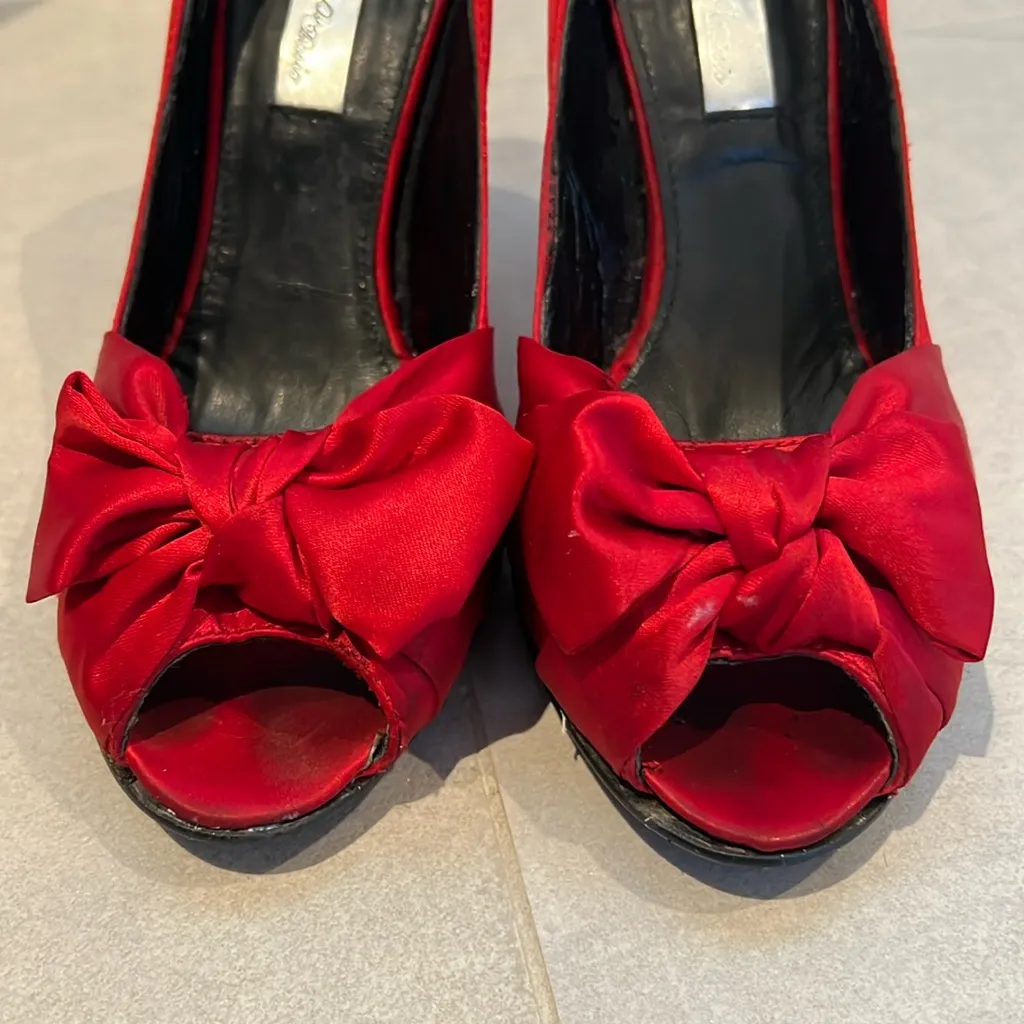 Zara Women size 36 Red open toe bow heels shoes satin type of fabric elegant - Image 7