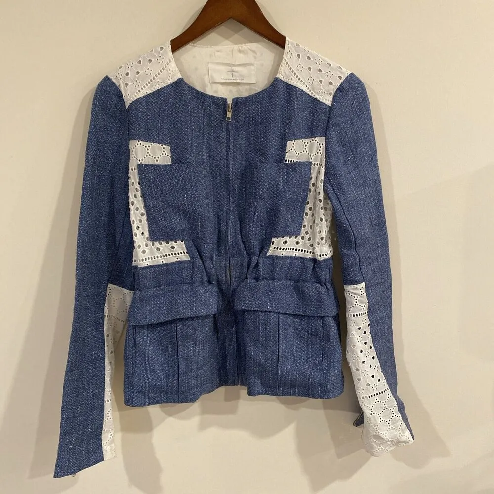Thakoon Blazer Womens size 0 Tweed With Eyelet Lace Jacket Linen Zipper Sleeve Blue - Image 2
