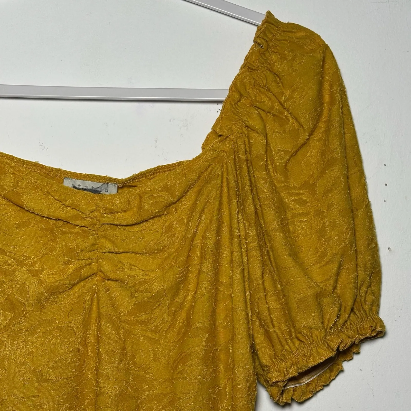 Status by Chennault Mustard Yellow Textured Puff Sleeve Square Neck Top Medium - Image 7