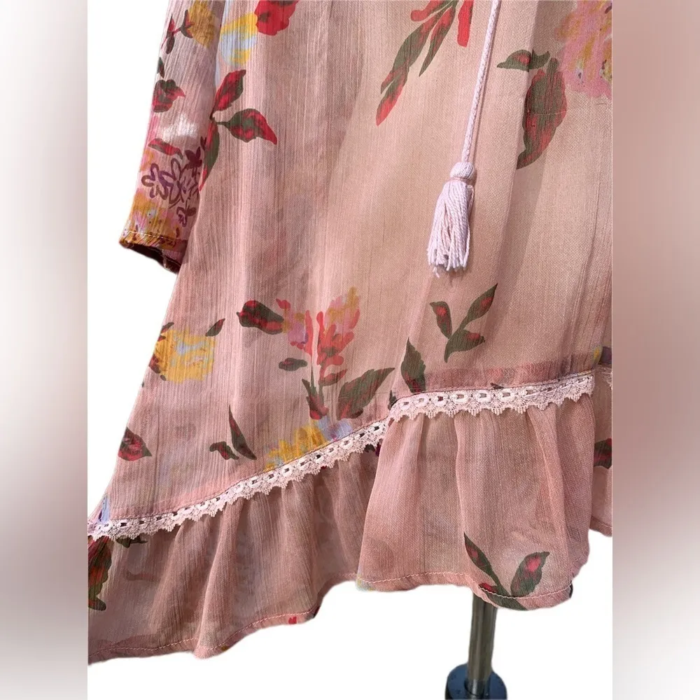 BKE Boutique Boho Floral Sheer Tunic Top Size S | Pink Lace Tassels Ruffle Hem - Image 7