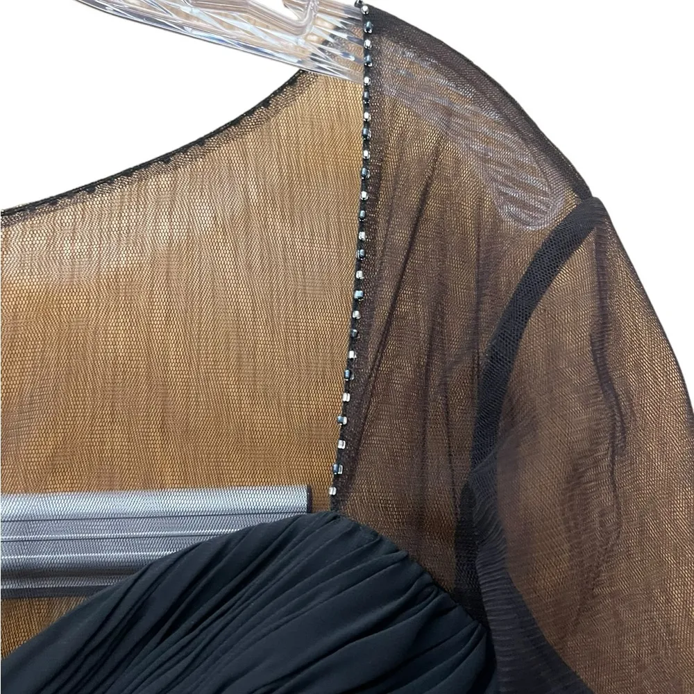 Formal Black Illusion 3/4 Sleeve Side Ruched Gown With Rhinestone Embellishment Size L - Image 3