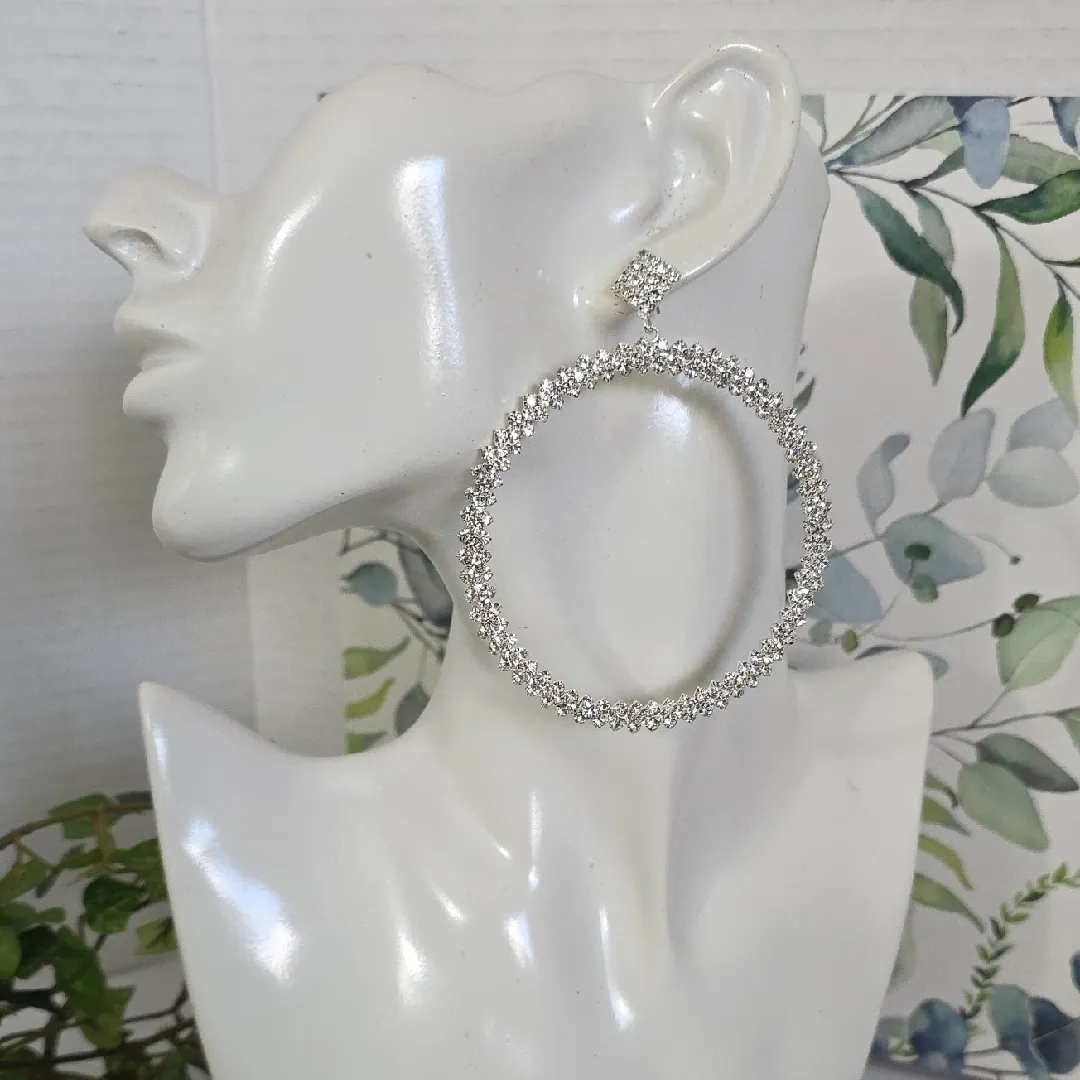 Large Silver and Rhinestone Hoop Earrings - Image 9