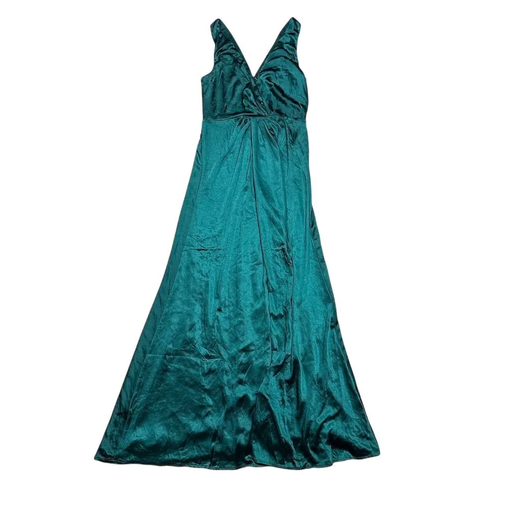 NWT Lulus Women's M Emerald Satin Sleeveless Pleated Maxi Dress Formal - Image 3