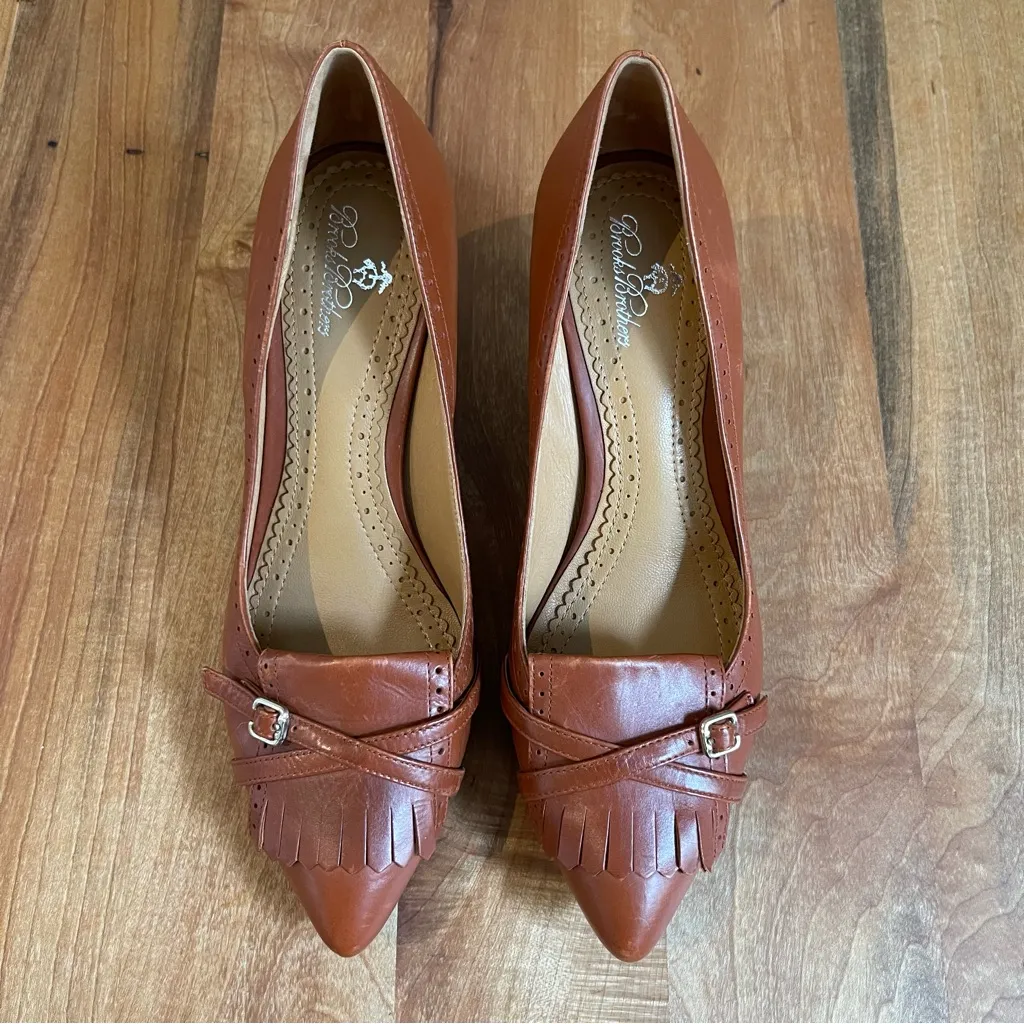 NWOB Brooks Brothers Brown Leather Kitten Heel Pumps Buckle Pointed Slip On 7 - Image 2