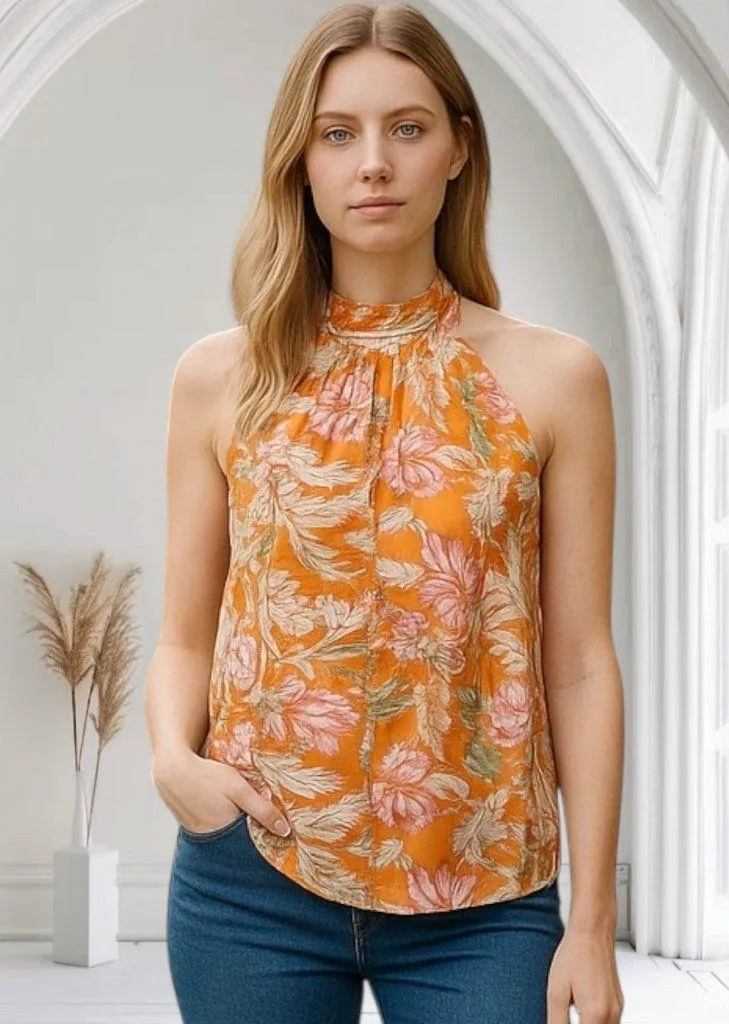 Rachel Roy Women's Multicolor Orange Floral Print Pleated Collar Tank Top Size M - Image 1
