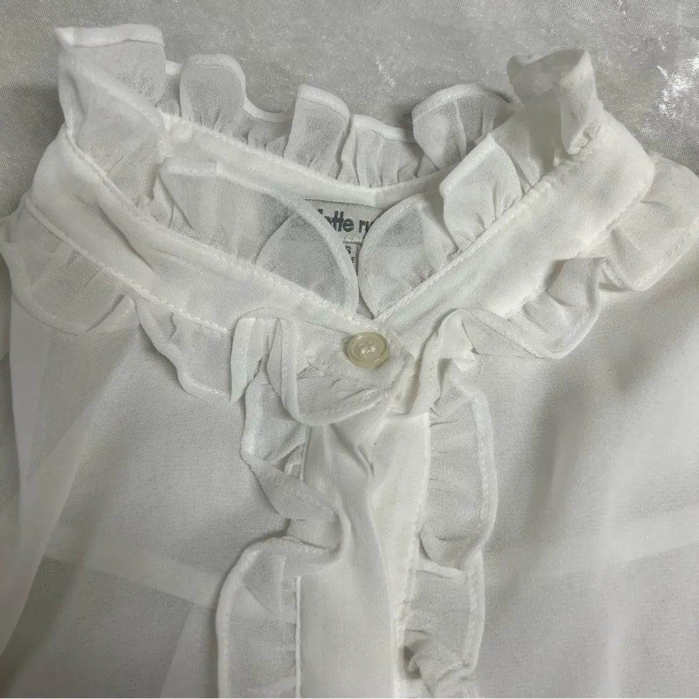 Victorian xs ruffled button down off white sheer ruffle blouse FLAWED - Image 6