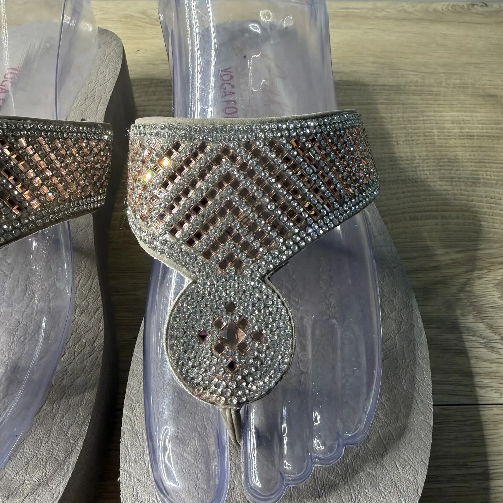 Skechers Cali Yoga Foam Rhinestone Wedge Platform Sandals Bling Sparkle Gray 8 - Image 5