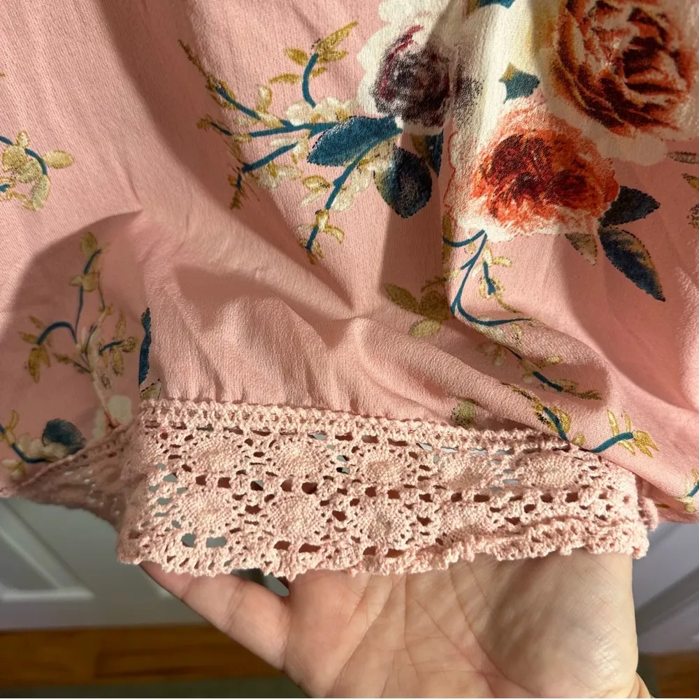 Womens Jacket Open Front Pink Lace Size Large Bell‎ Sleeves Floral Print Kimono - Image 6
