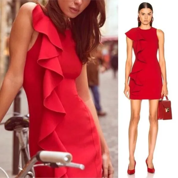 Cinq A Sept Kimberlin Cascading Ruffled Bodycon Mini Sheath Dress Red Women US 0 - Image 2
