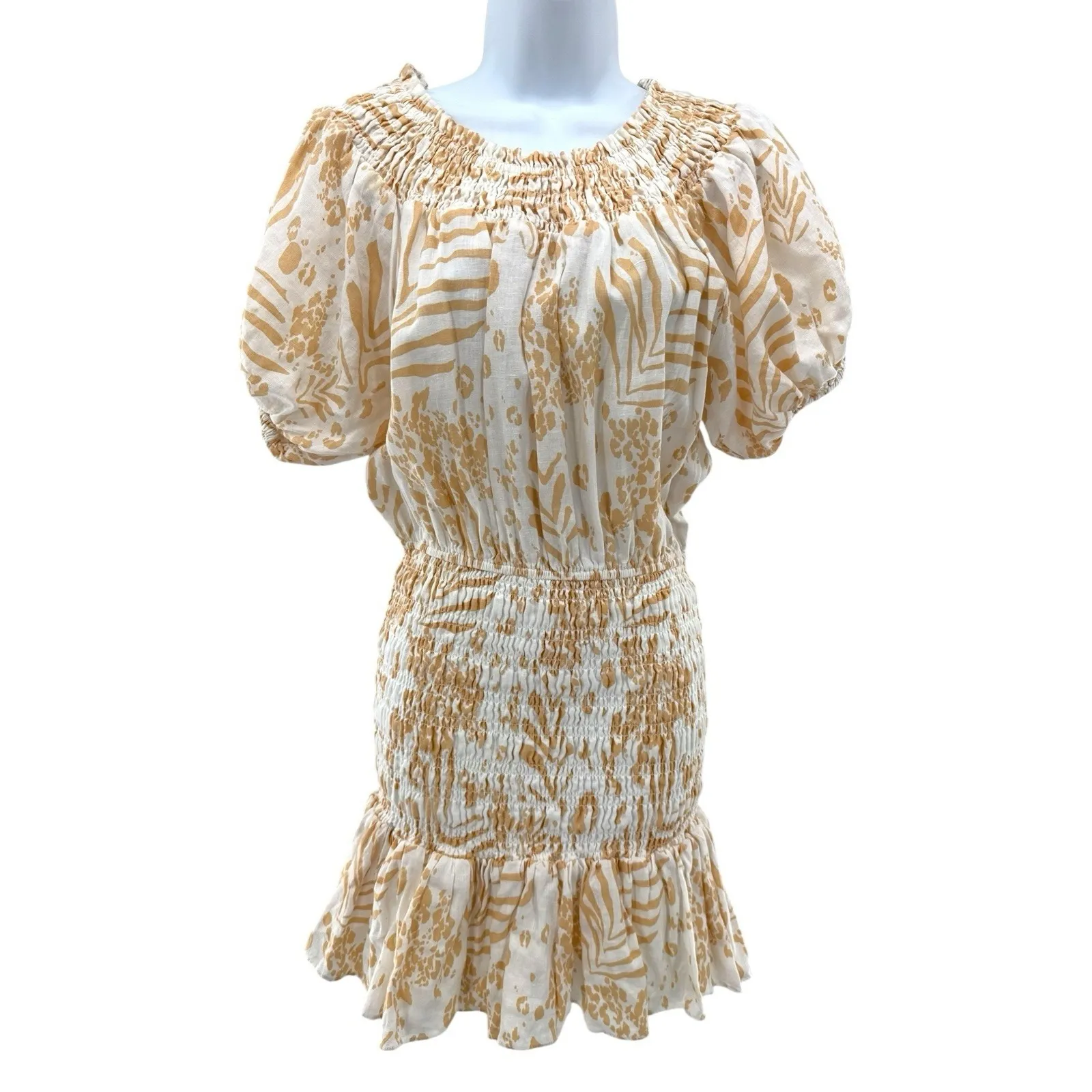 SABO LUXE‎ Camari Linen Dress Smocked Patterned Ruffle Hem White Beige Women's S - Image 5