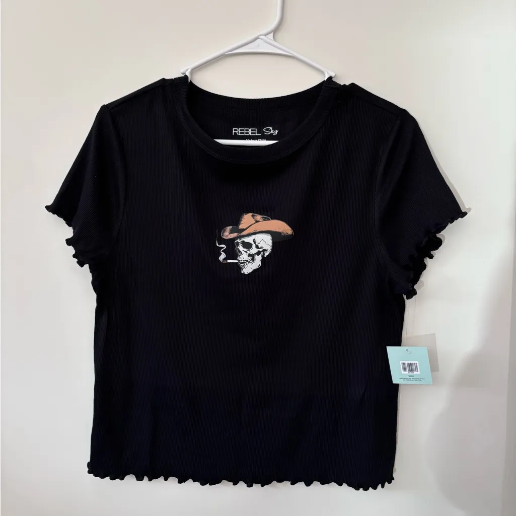 Smoking Cowboy Skull Ribbed Hamdmade Tshirt Black Size L - Image 2