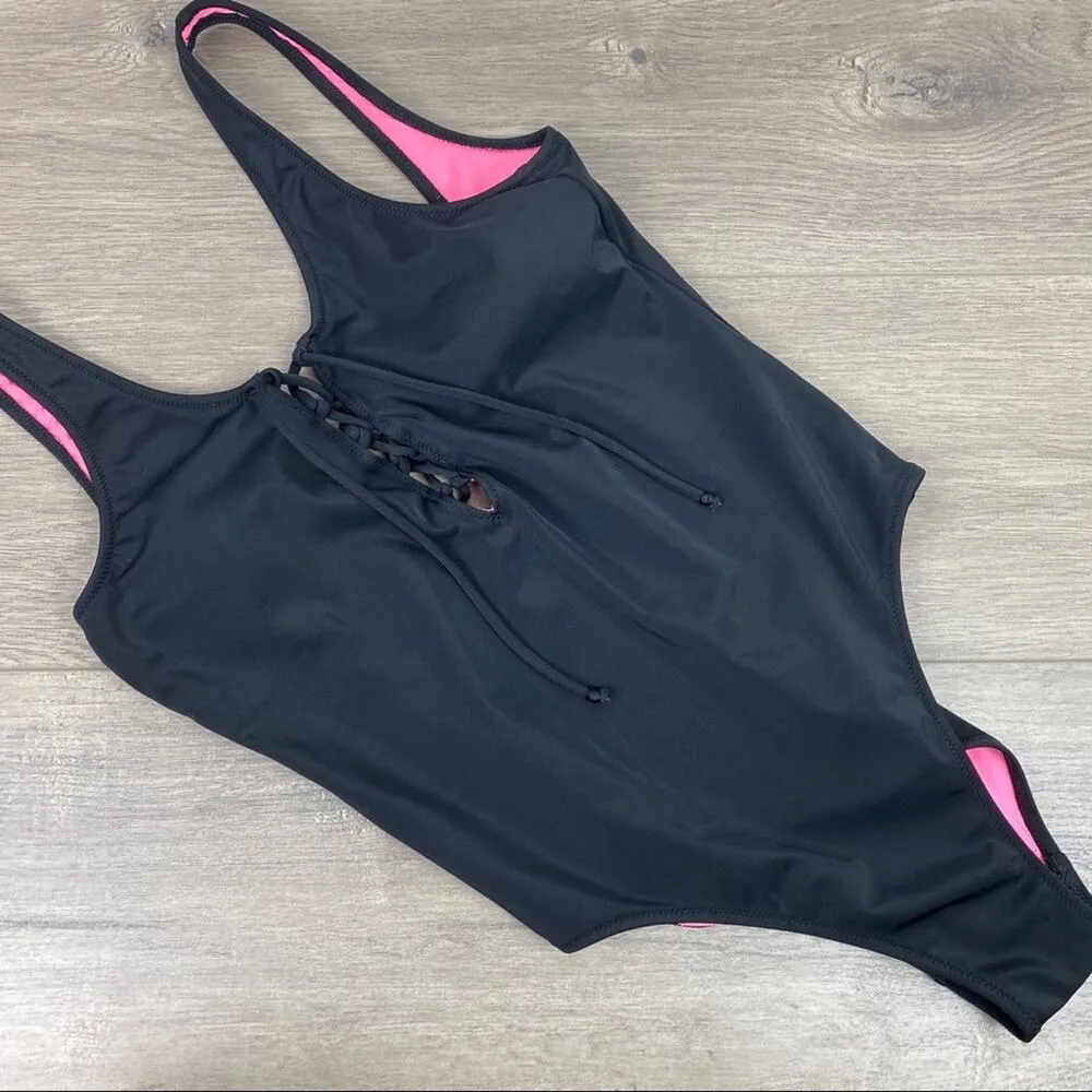 Pink Victoria’s Secret Black Tie Front One Piece Swimsuit Sz.S - Image 2