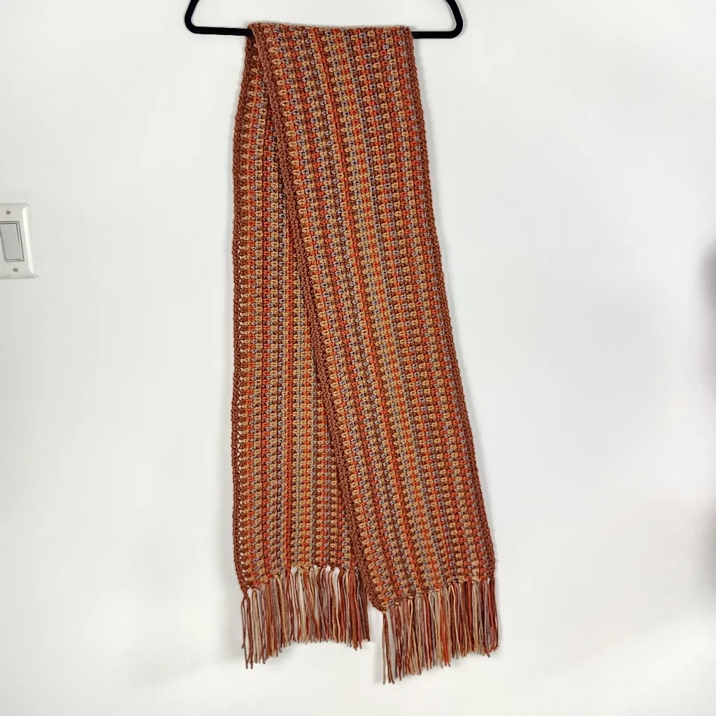 New Handmade Crochet Scarf Fringes Orange Beige Taupe Brown - Image 8