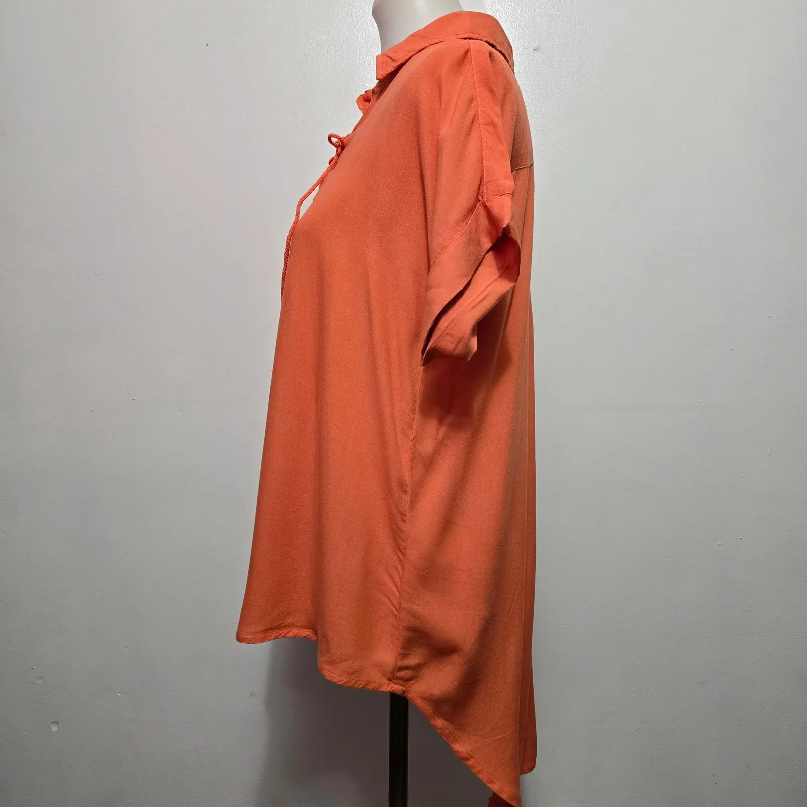 COCO + CARMEN Orange Lace Up Collar Short Sleeve Shirt Top S/M Coastal Bohemian - Image 3