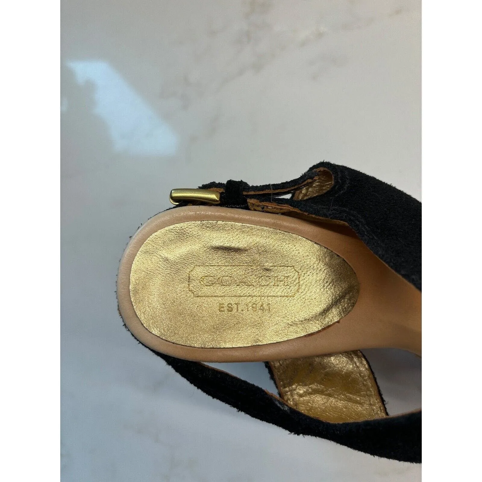 Coach Heels‎ Womens 7 Valeann Cork Block Black Suede Round Open Toe High Gold - Image 6