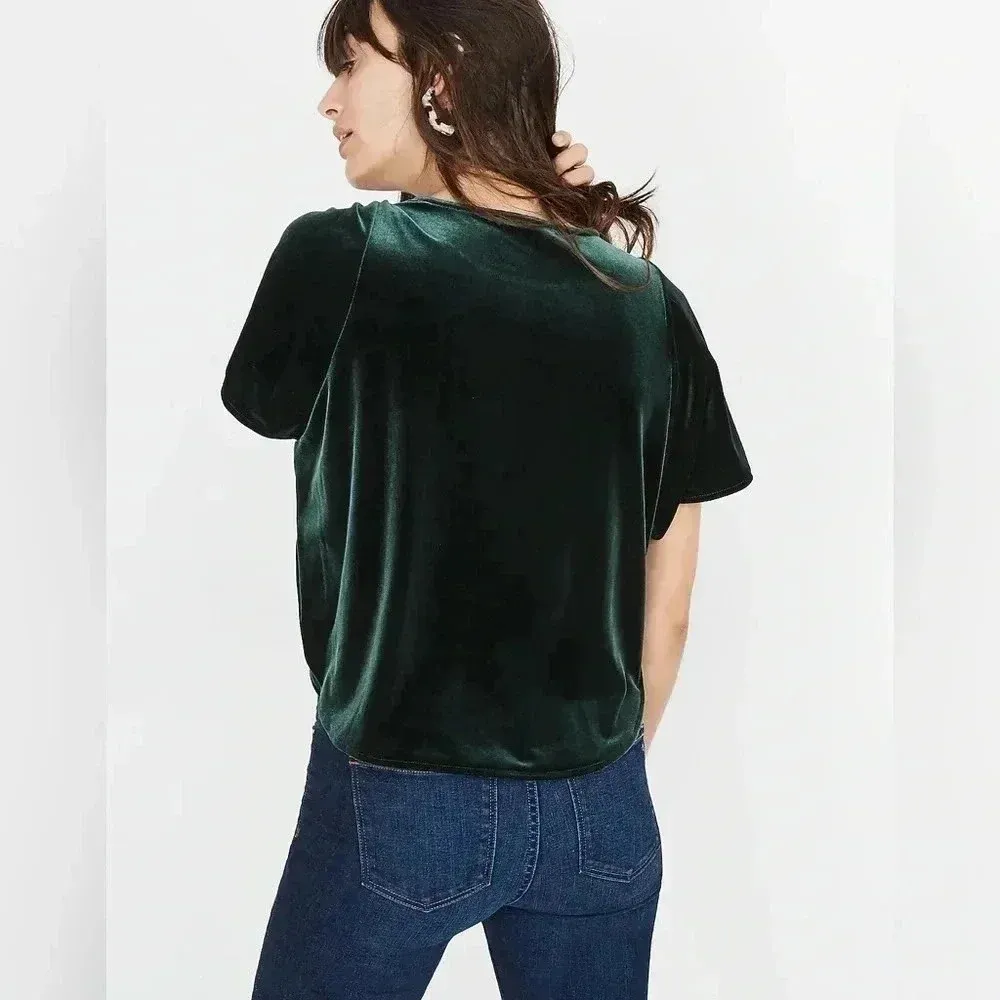 Madewell | Dark Green Velvet Butterfly Short Sleeve Top Size XXS - Image 5
