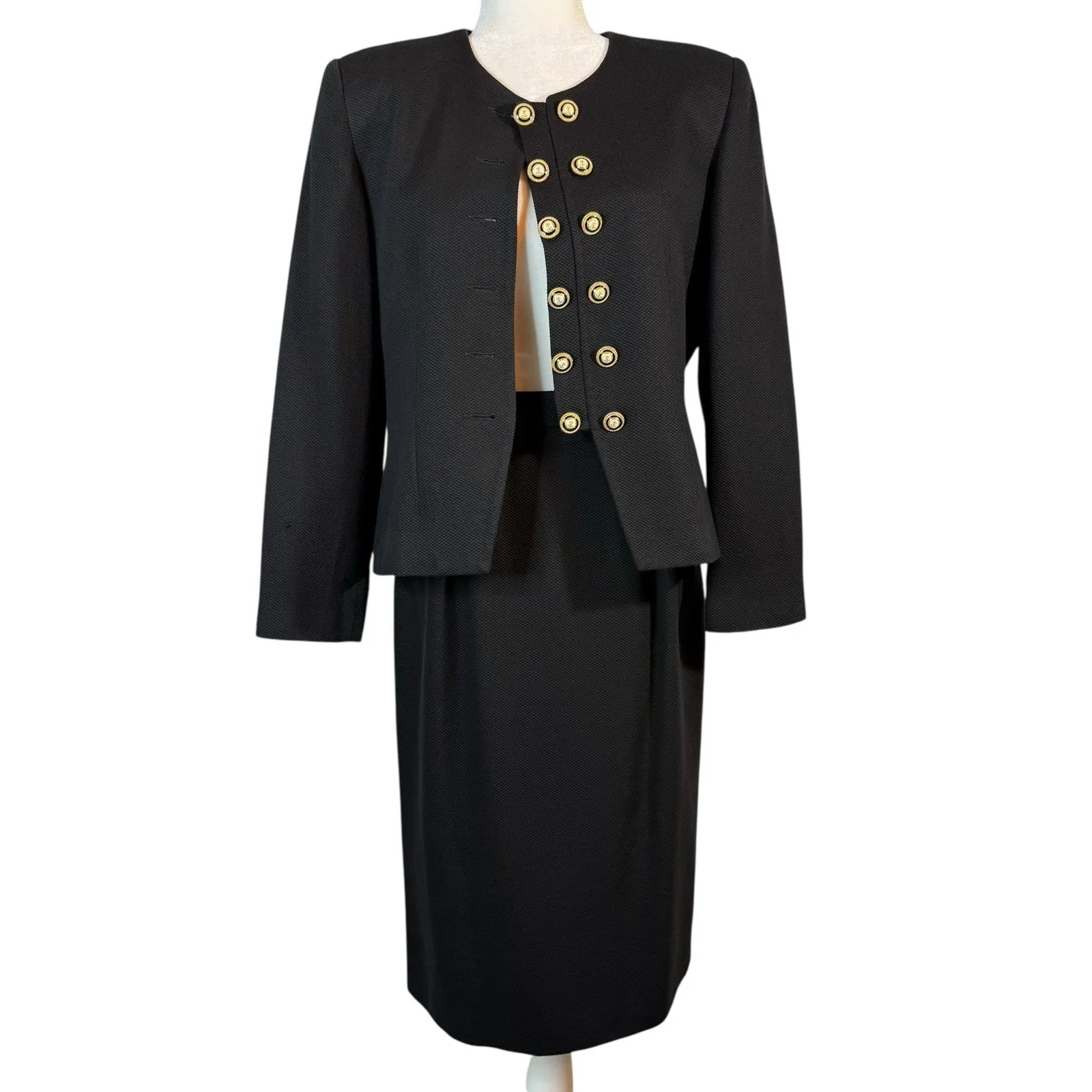 Vintage Oleg Cassini Black Blazer‎ Jacket Skirt Set 8 Office Suit Gold Button - Image 5