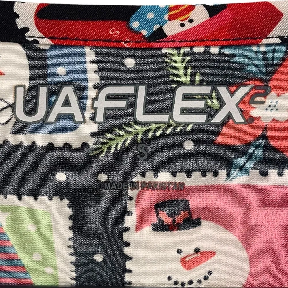 UA Flex 2 Christmas Holiday Festive Stamp Sticker Stretch Medical Scrubs Top - Image 7