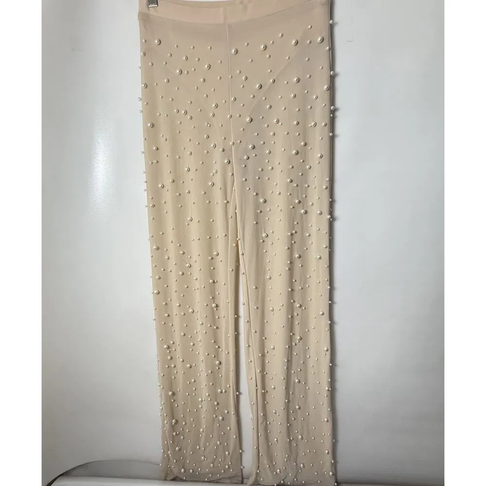 Boutique Pants Womens Size Large Tan Pearls Mesh Beach Swim Pull On Dance Pool - Image 2