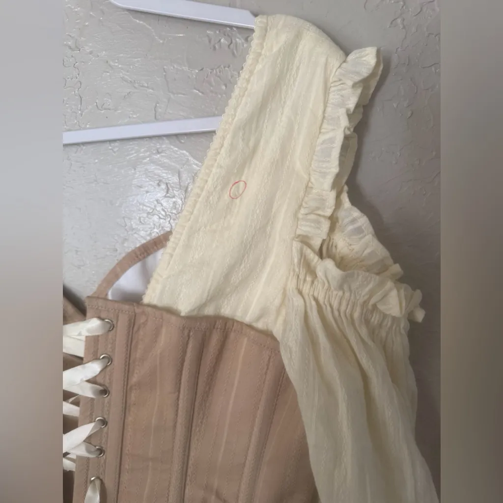 Tan & Cream Boned Corset Top Women’s Size 32 Lace Up Off Shoulder Puff Sleeves - Image 15