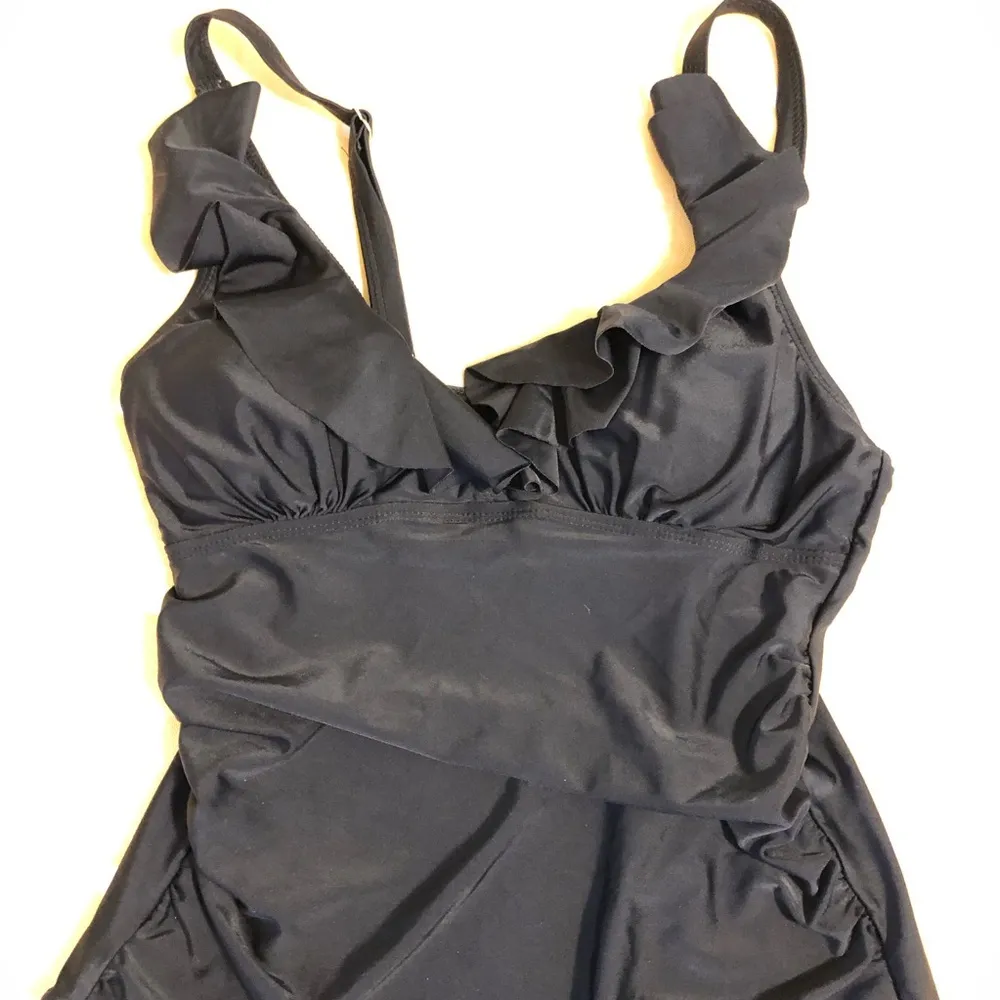 Black Ruffle Flounce One Piece Monokini Swimsuit Tummy Control V-Neck M - Image 5