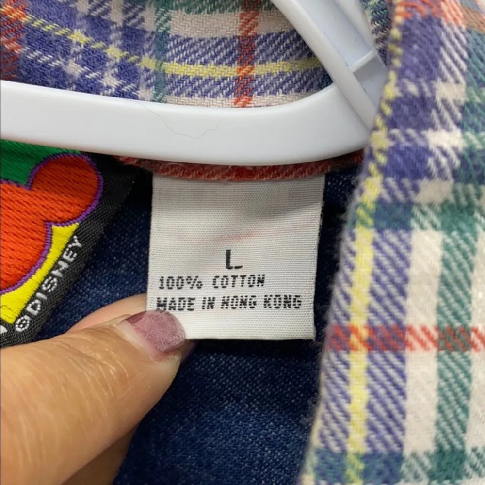 Vintage Mickey Unlimited denim flannel button down 90s sz L plaid novelty Size L - Image 4